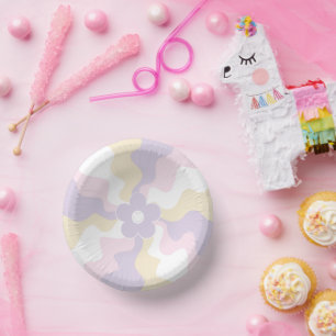 Happy Retro Daisy - Pastel Pink, Yellow and Purple Paper Plate