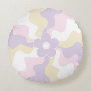 Happy Retro Daisy - Pastel Pink, Yellow and Purple Round Cushion