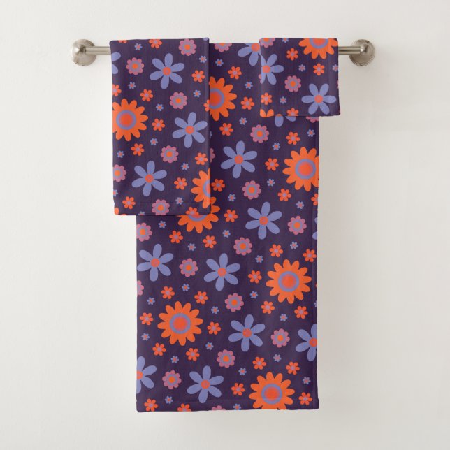  Happy Retro Flowers Cute 70s Hippie Daisy Pattern Bath Towel Set (Insitu)