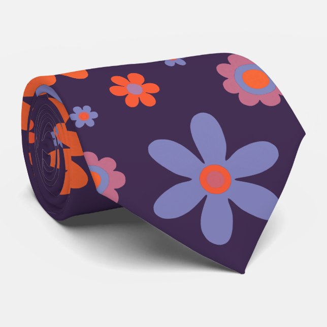 Happy Retro Flowers Cute 70s Hippie Daisy Pattern Tie (Rolled)