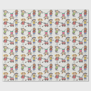 Happy Retro Playing Stickman Tumbling Children Wrapping Paper