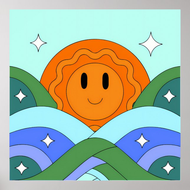 Happy Retro Sun Over Rolling Hills Poster (Front)
