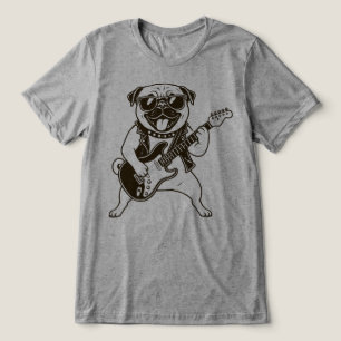Happy Rockstar Pug Dog Playing Electric Guitar Tri-Blend Shirt