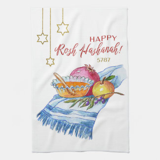 Happy Rosh Hashanah in Watercolor Tea Towel
