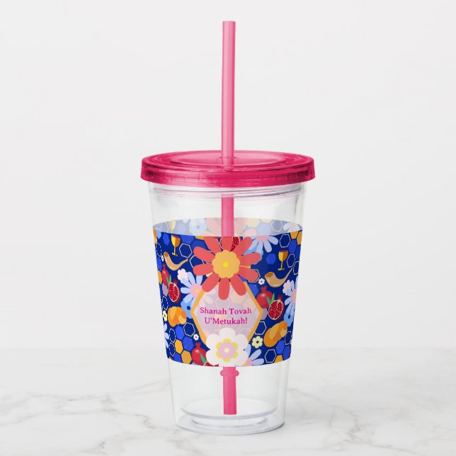 Happy Rosh Hashanah Jewish New Year Floral Pattern Acrylic Tumbler (Front)