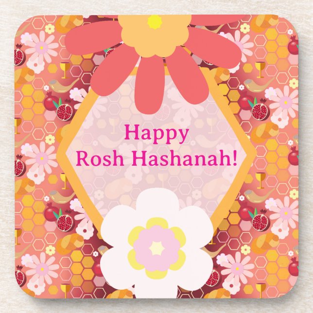 Happy Rosh Hashanah Jewish New Year Floral Pattern Coaster (Front)