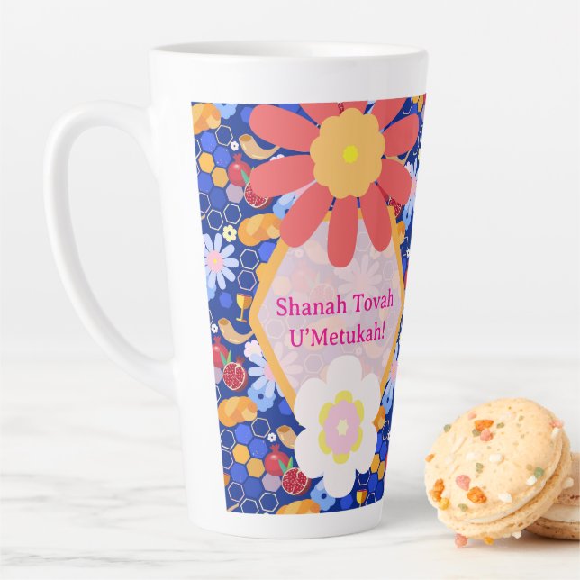 Happy Rosh Hashanah Jewish New Year Floral Pattern Latte Mug (In Situ)