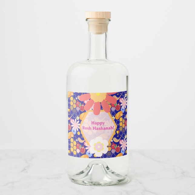 Happy Rosh Hashanah Jewish New Year Floral Pattern Liquor Bottle Label (Front)