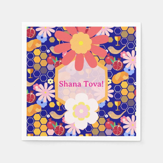 Happy Rosh Hashanah Jewish New Year Floral Pattern Napkin (Front)