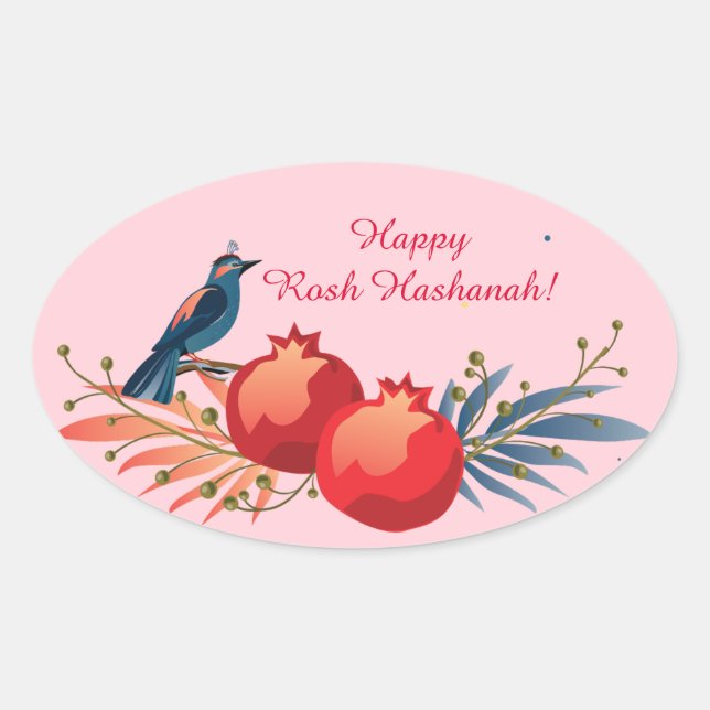 Happy Rosh Hashanah Jewish New Year Floral Pattern Oval Sticker (Front)
