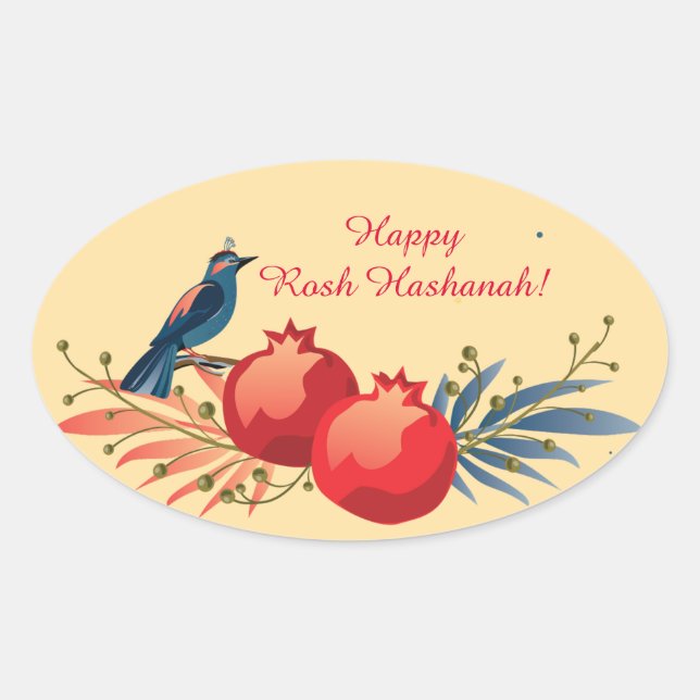 Happy Rosh Hashanah Jewish New Year Floral Pattern Oval Sticker (Front)