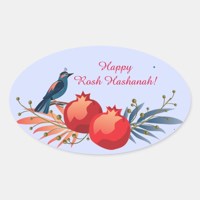 Happy Rosh Hashanah Jewish New Year Floral Pattern Oval Sticker (Front)