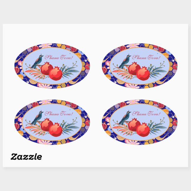 Happy Rosh Hashanah Jewish New Year Floral Pattern Oval Sticker (Sheet)