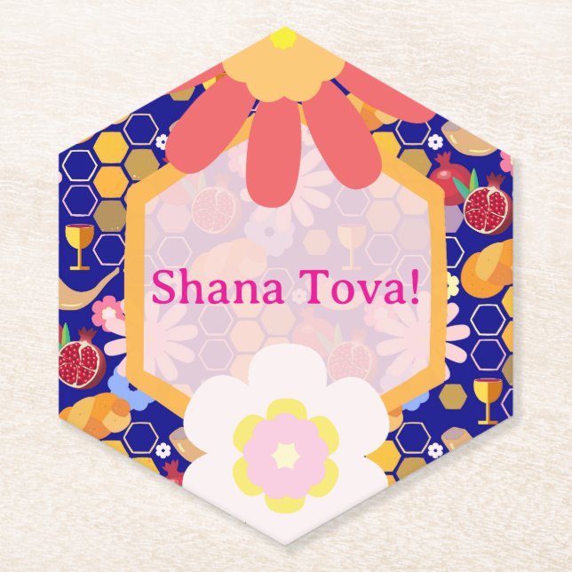 Happy Rosh Hashanah Jewish New Year Floral Pattern Paper Coaster (Front)