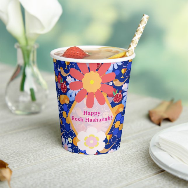 Happy Rosh Hashanah Jewish New Year Floral Pattern Paper Cups (Insitu)