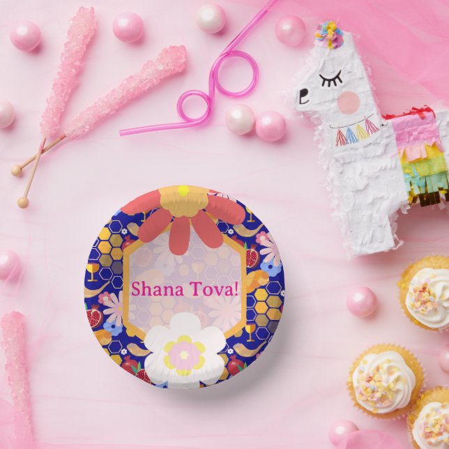 Happy Rosh Hashanah Jewish New Year Floral Pattern Paper Plate (Party)