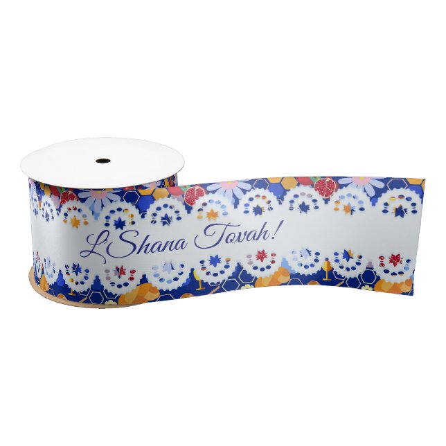 Happy Rosh Hashanah Jewish New Year Floral Pattern Satin Ribbon (Spool)