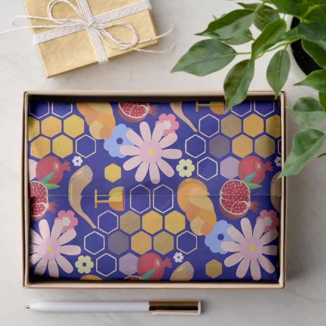 Happy Rosh Hashanah Jewish New Year Floral Pattern Tissue Paper (Gift)