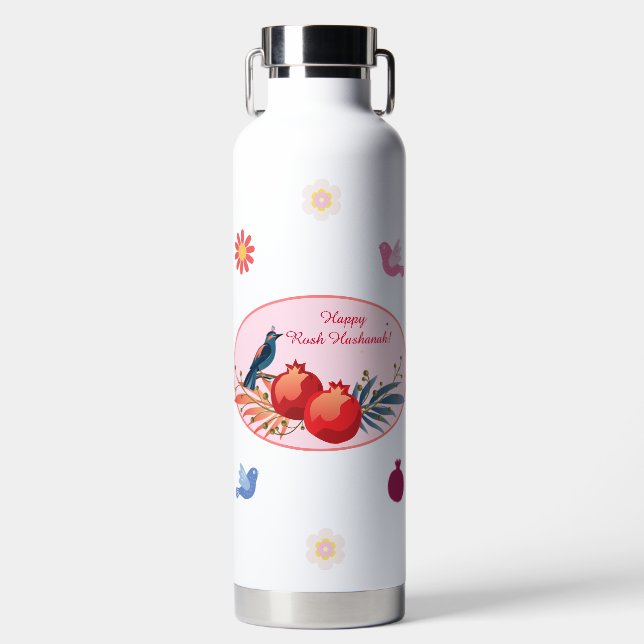 Happy Rosh Hashanah Jewish New Year Floral Pattern Water Bottle (Front)