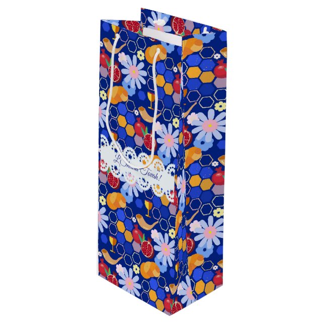 Happy Rosh Hashanah Jewish New Year Floral Pattern Wine Gift Bag (Front Angled)