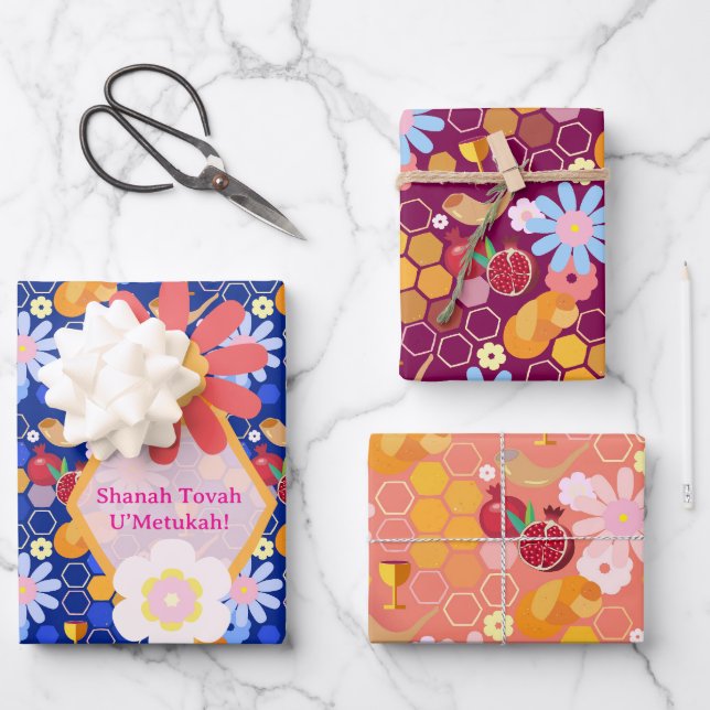 Happy Rosh Hashanah Jewish New Year Floral Pattern Wrapping Paper Sheet (Front)