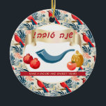 Happy Rosh Hashanah Jewish New Year Honey & Apple  Ceramic Tree Decoration<br><div class="desc">Happy Rosh Hashanah. Hebrew Text "shana tova ve metuka" - for a good, sweet year. Jewish New Year Holiday symbols greeting, Greeting - card / Invitation. Torah, Honey and apple, shofar, pomegranate, star of David and flowers and red birds background, Happy Rosh Hashana, traditional fruits, pomegranates, autumn, Sukkot. Judaica. Personalised...</div>