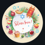 Happy Rosh Hashanah Jewish New Year Honey & Apple Classic Round Sticker<br><div class="desc">Happy Rosh Hashanah Jewish New Year Holiday symbols. Torah,  Honey and apple,  shofar,  pomegranate,  star of David,  gold honeycomb background,  Rosh hashana,  traditional fruits,  floral frame,  vintage,  autumn,  sukkot. Judaica. Hand Drawn Watercolor. Crafts & Party Supplies > Gift Wrapping Supplies > Stickers & Labels,  seasonal.</div>