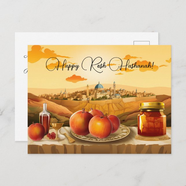 Happy Rosh Hashanah with Dome of Rock & apple Postcard (Front/Back)
