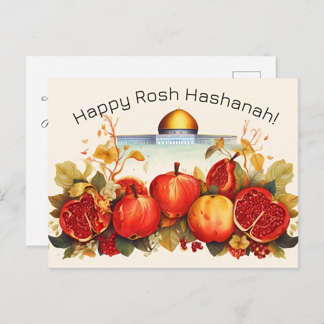 Happy Rosh Hashanah with Dome of Rock & apple Postcard (Front/Back)