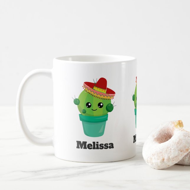 Happy Round Cactus Wearing a Red Sombrero Coffee Mug (With Donut)