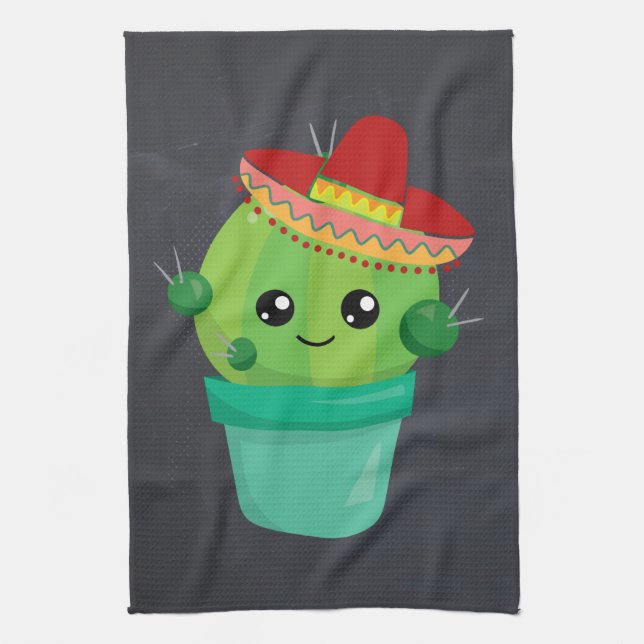 Happy Round Cactus Wearing a Red Sombrero Tea Towel (Vertical)