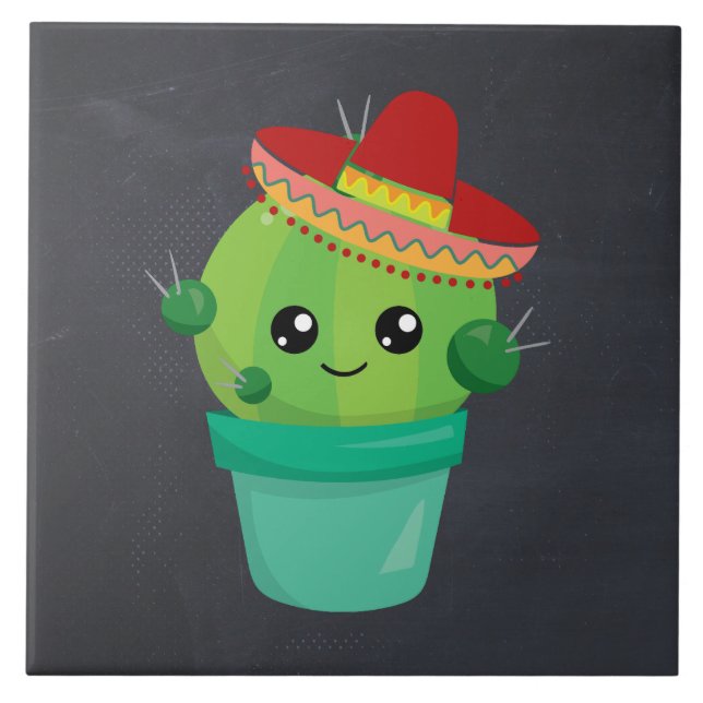Happy Round Cactus Wearing a Red Sombrero Tile (Front)