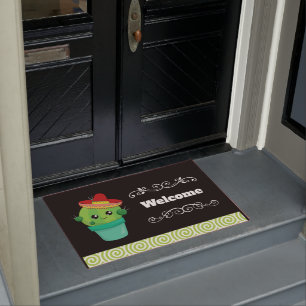 Happy Round Cactus Wearing a Red Sombrero Welcome Doormat