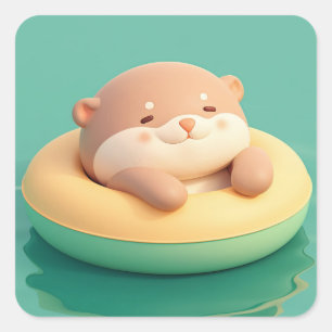 Happy Round Clay Otter in Swimming Ring Square Sticker