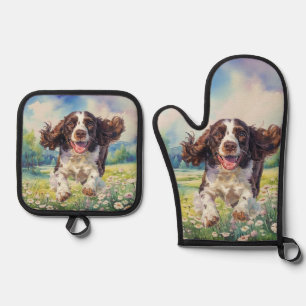 Happy Running Dog in Action Oven Mitt & Pot Holder Set