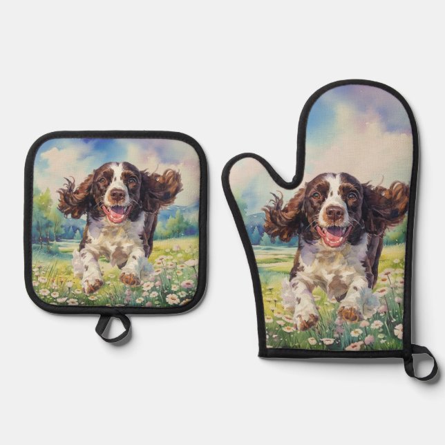 Happy Running Dog in Action Oven Mitt & Pot Holder Set (Front)