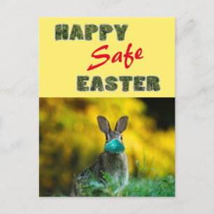 Happy & Safe Easter   Cute Funny Rabbit with Mask Holiday Postcard