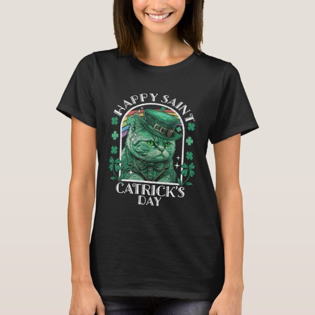 Happy Saint Catrick's Day Funny Cat Leprechaun Iri T-Shirt (Front)