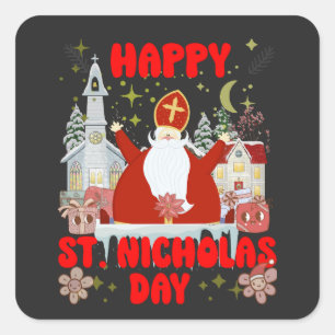 Happy Saint Nicholas Day retro winter Hollydays Square Sticker