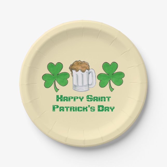 Happy Saint Patrick's Day Beer Green Shamrock Paper Plate (Front)