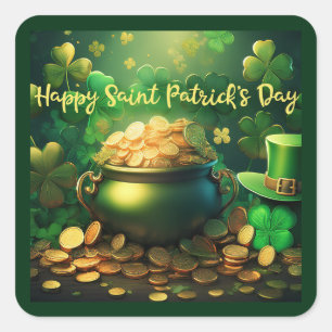 Happy Saint Patrick's Day Pot of Gold Coins Square Sticker
