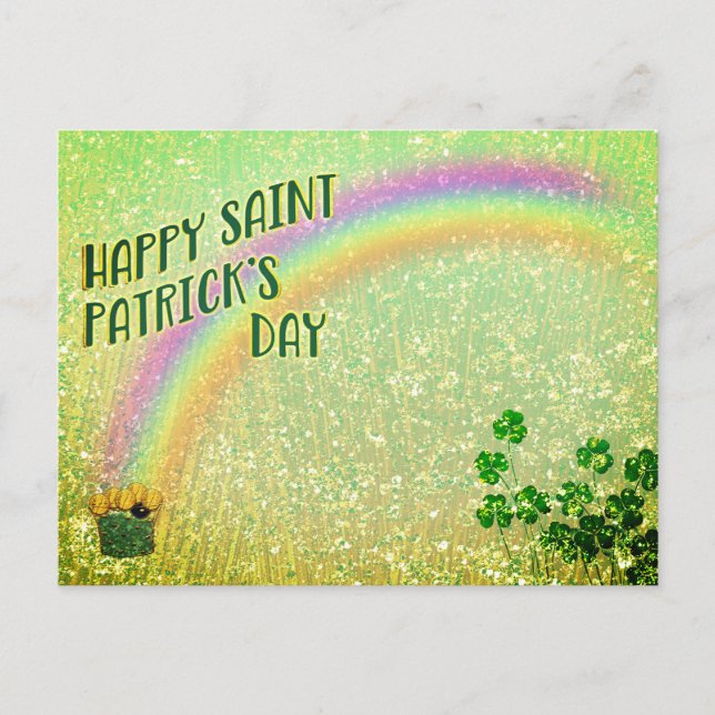Happy Saint Patrick's Day Pot of Gold Rainbow Postcard (Front)