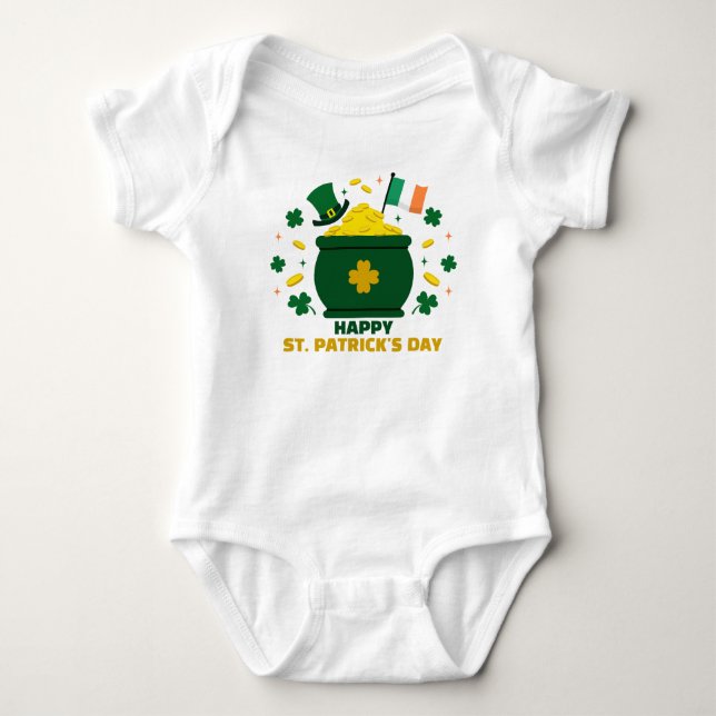 Happy Saint Patrick's Day with Clovers Pot of Gold Baby Bodysuit (Front)