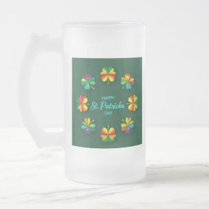 happy saint patricks day with rainbow clovers frosted glass beer mug