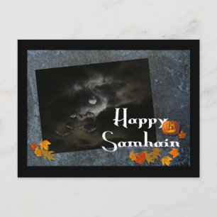 Happy Samhain!-Bats, Moon, Pumpkin Postcard