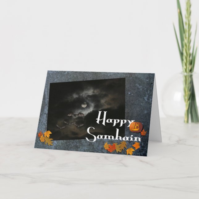 Happy Samhain/Full Moon, Bats, Pumpkins, Leaves Card (Front)