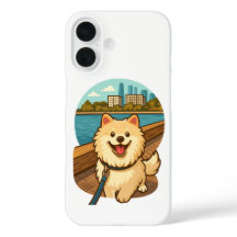 Happy Samoyed Walk by the City Waterfront