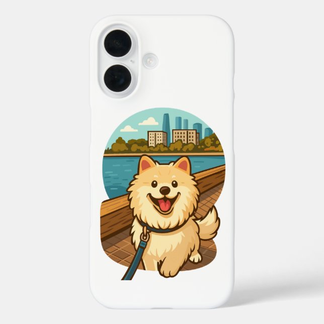 Happy Samoyed Walk by the City Waterfront Case-Mate iPhone Case (Back)