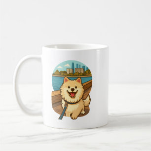 Happy Samoyed Walk by the City Waterfront Coffee Mug