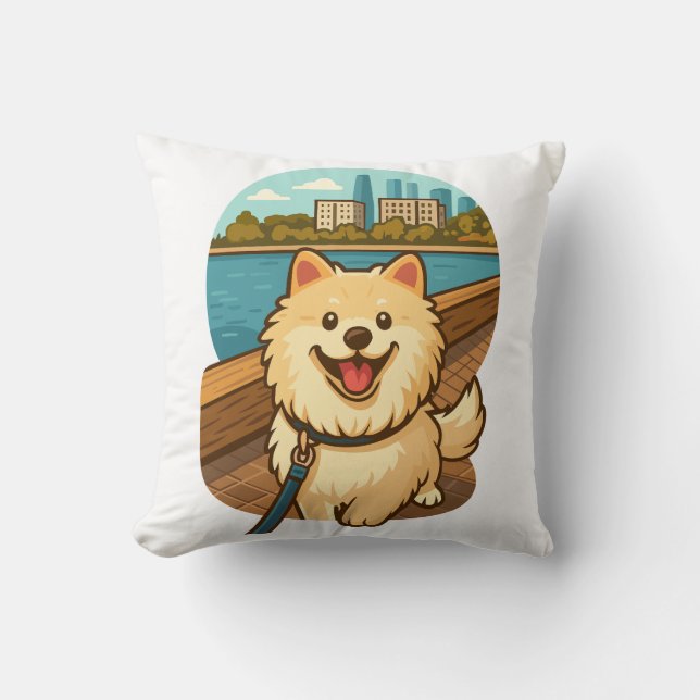 Happy Samoyed Walk by the City Waterfront Cushion (Front)